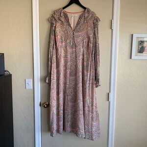 Boden Pink Paisley Floral Maxi Dress Sz.20 V- Neck Lined LS Elegant